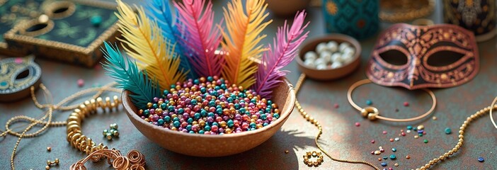 Colorful carnival beads and masks with feather decor on festive table