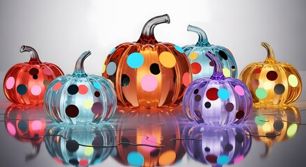 Captivating colorful polka dot pumpkins for autumn with vibrant glass art reflecting smooth surface create eye catching centerpiece