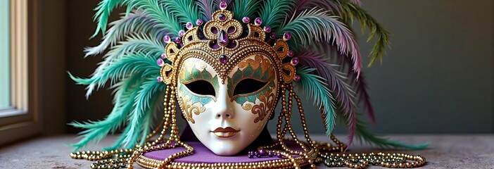 Ornate venetian mask with feathers and beads displayed on a surface