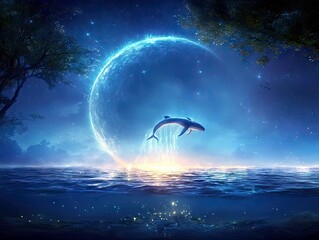 A whale leaps from the ocean surface, illuminated by a bright, glowing orb in a starry night sky, with trees silhouetted on the left.