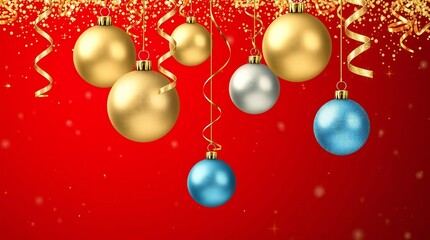 Festive christmas ornaments hanging with golden confetti and ribbons