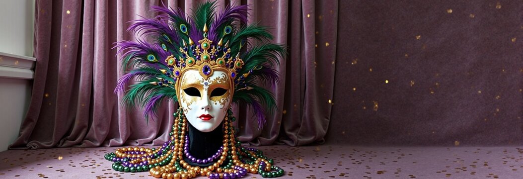 Elegant venetian mask with peacock feathers and beaded mardi gras necklace on velvet curtain background