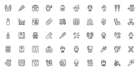Hospital icon set. Medical vector illustration. Healhcare symbols pack. Includs doctor, nurse, patient, mbulance, syringe, stethosope, drugs, emergency and ore. Editable stroke.