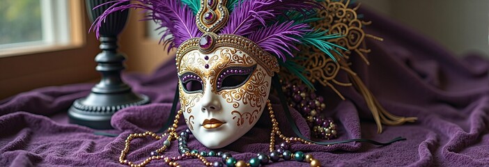 Ornate venetian mask with feathers and beads on purple fabric near window