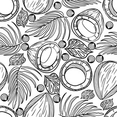 Coconut tropical fruit with palm leaves in doodle style seamless pattern vector illustration 