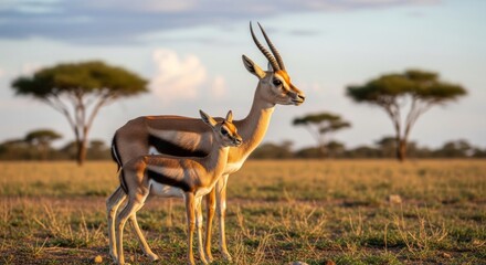 Naklejka premium Graceful gazelle standing in open grassland, showing slender body, horns, and alert posture under warm natural sunlight.