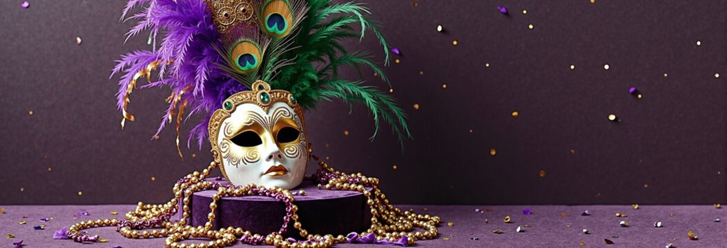 Ornate carnival mask with feathers and beads on purple festive background