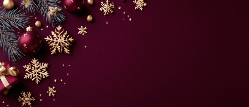Luxurious Christmas Flat Lay with Red Baubles, Gold Snowflakes, and Pine Branches on Deep Red Background