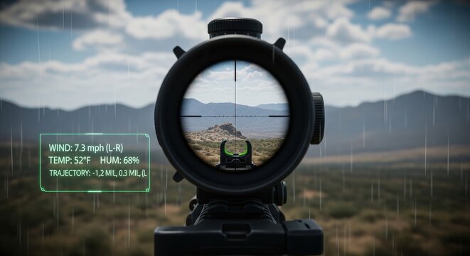 View through a rifle scope at a distant landscape with mountains and water
