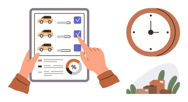 Hands reviewing a car selection checklist with graphs, a clock for time tracking, and delivery boxes. Ideal for delivery, logistics, decision-making, time management, organization, business plans