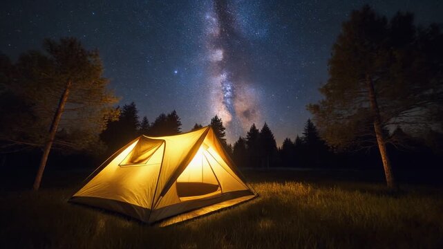 &ldquo;A serene night camping scene featuring a warmly lit tent, glowing campfire, pine forest silhouettes, and distant mountain ranges under a star-filled sky with soft twilight hues and the Milky Way fain