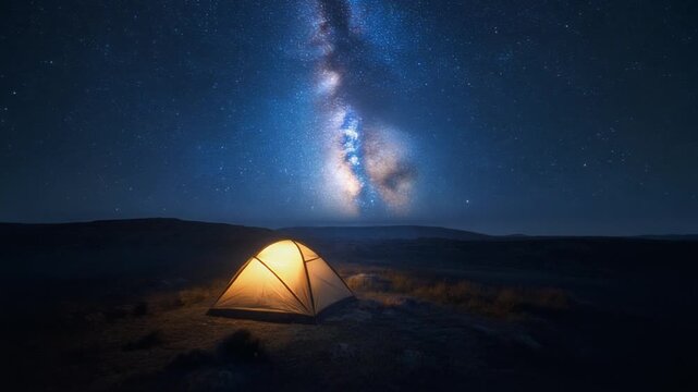 &ldquo;A serene night camping scene featuring a warmly lit tent, glowing campfire, pine forest silhouettes, and distant mountain ranges under a star-filled sky with soft twilight hues and the Milky Way fain
