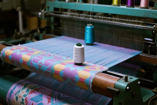 Colorful textile being woven on a loom with spools of thread in a workshop setting - Powered by Adobe