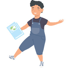 Joyful Young Boy With Dark Hair And Smiling Face Wearing Blue Overalls And Dark T Shirt Holding Light Blue Book With Globe On Cover While Dancing And Looking To The Side In A Studio