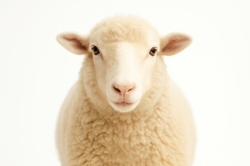 Obraz premium Close up fluffy sheep facing camera on clean white background studio farm animal portrait for ethical wool farming dairy branding livestock education and countryside lifestyle designs