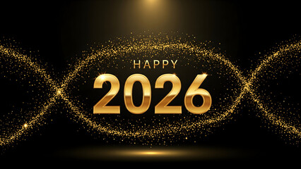 A premium gold-on-black banner featuring metallic 2026 text with shimmering particles, perfect for luxury brand New Year greetings.
