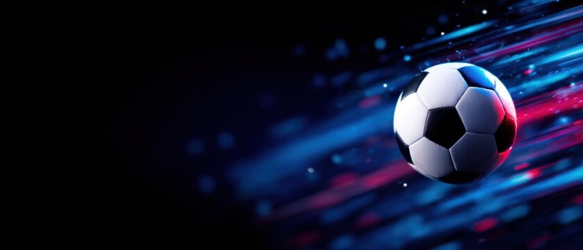 Dynamic Soccer Ball with Vibrant Blue and Red Light Trails