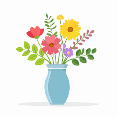 Pink spring bouquet of daisies and other flowers in a glass vase on a wooden table