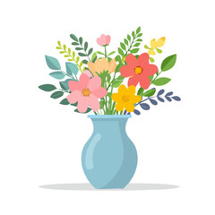 A beautiful spring bouquet of pink and yellow flowers in a vase, featuring blossoming daisies, leaves, and color in nature