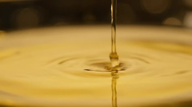 Close-up of golden liquid pouring and creating ripple effects in slow motion