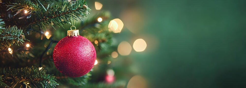 Christmas tree branch with a red glittering bauble and sparkling lights, creating a festive holiday background with ample copy space - Powered by Adobe