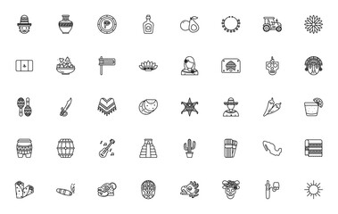 Mexico themed icon set. Vector illustration featurin Mariachi, Avocado, Sombreo, Cactus, Guitar, Tequila Burrito, Piñata, Flag andmore.