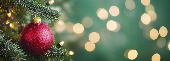 Red glitter ornament hanging on a snowy Christmas tree branch with glowing lights and bokeh in the background, copy space