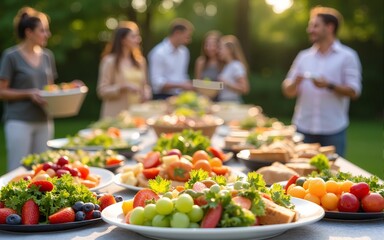 Summer garden party buffet table overflowing with fresh salads, sandwiches, and fruit. Guests mingle joyfully in sunny backyard. Outdoor catering, family celebration concept. High quality