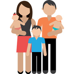 Stylized Family Portrait Featuring Two Parents One Son and Two Infants Holding Babies Together with A Transparent Background