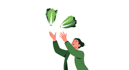 Joyful Person Juggling Fresh Green Lettuce Leaves Against Dark Backdrop, Celebrating