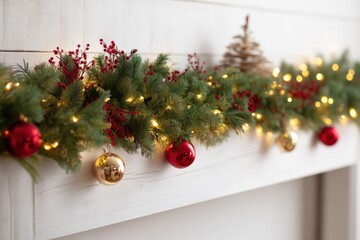 Christmas garland with red berries, golden baubles, and festive lights adorning a white mantel. Celebrating holiday season