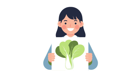 Joyful Woman Showcasing Fresh Produce with Illustrated Bok Choy on a White Card