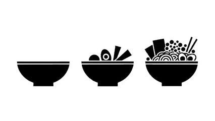 Vector illustration&nbsp;of three stage process icon showing ramen bowl preparation from empty to fully prepared, isolated on transparent background 