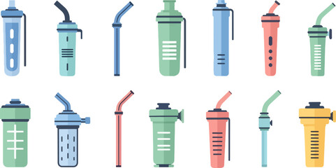Collection of Colorful Reusable Drinking Straws and Cups for Eco Friendly Lifestyle