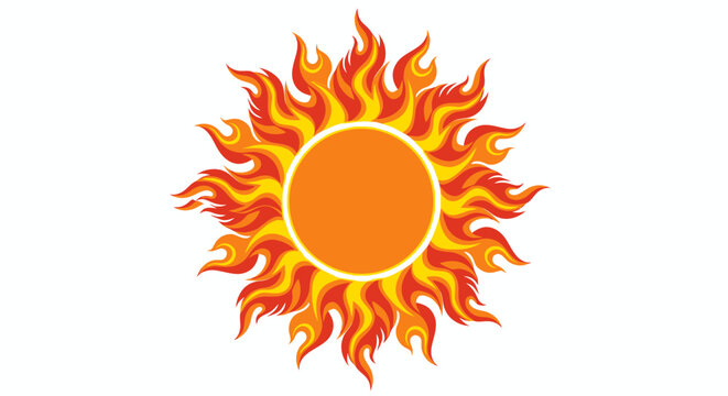 A vibrant vector illustration of a sun with stylized flames radiating outwards, symbolizing energy and warmth, presented in a clean, modern design on white.