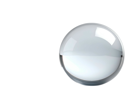 Clear, reflective glass sphere against dark background