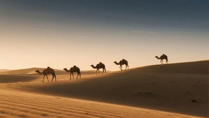 Camels walking across sand dunes in a desert at sunset