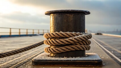 Weathered metal bollard with wrapped rope on offshore deck