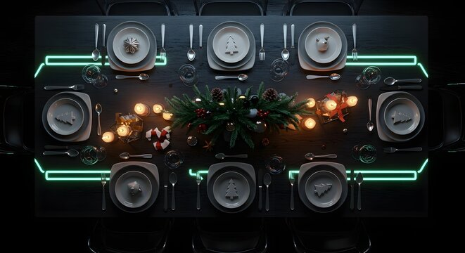 Festive christmas table setting with decorations and neon lights in a dark ambiance overhead view - Powered by Adobe