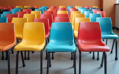 Assembly hall featuring rows of vibrant plastic chairs on a gray floor. High quality