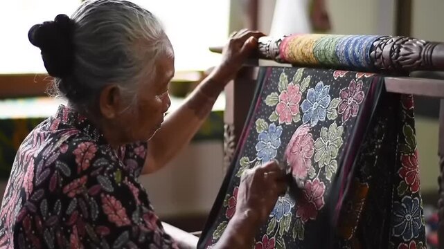 Senior woman painting batik on wood.