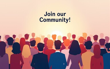 Join our community. Crowd of united people as a business or creative community standing together. Flat concept vector website template and landing page design for invitation to summit or conference