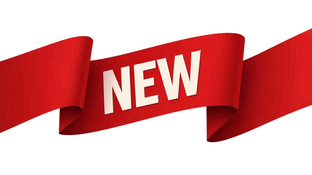 Vector illustration of red ribbon banner with the word new in white text, isolated on transparent background 