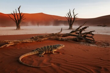 A lizard rests on red sand dunes near dead trees in a desert landscape at sunrise.