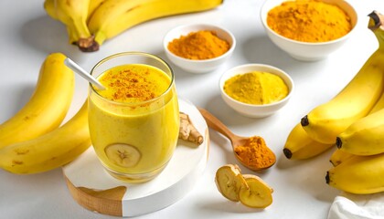 Glass of smoothie, bananas and turmeric powder, healthy ingredients for a beverage