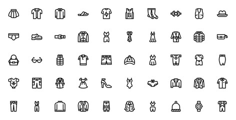 Clothes icon set. Fashion vector collection. Include symbols for dress, shirt,pants, hat, bag, shoes, cot, swimsuit and more. Editble stroke line.