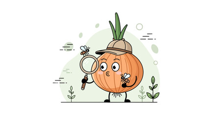 Fototapeta premium Onion Detective: Whimsical Illustration of an Onion Character Investigating Insects