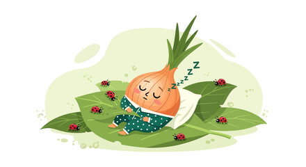 Onion Dreaming Peacefully Surrounded By Ladybugs and Sleeping Soundly on Leaves