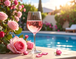 Glass of pink beverage near a pool with blooming roses in the sun