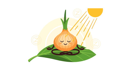 Onion Meditating on Leaf Under Sun: A Whimsical, Zen-Inspired Illustration